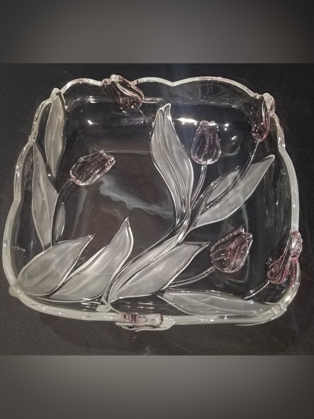 Crystal divided dish Juliana pattern frosted leaves and pink tulips by Mikasa.